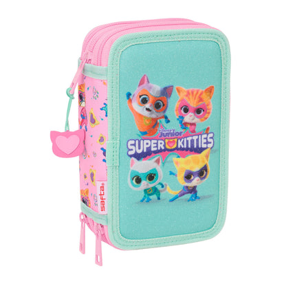 Pochette à crayons triple SuperKitties Rose Turquoise 12,5 x 19,5 x 5,5 cm 37 Pièces